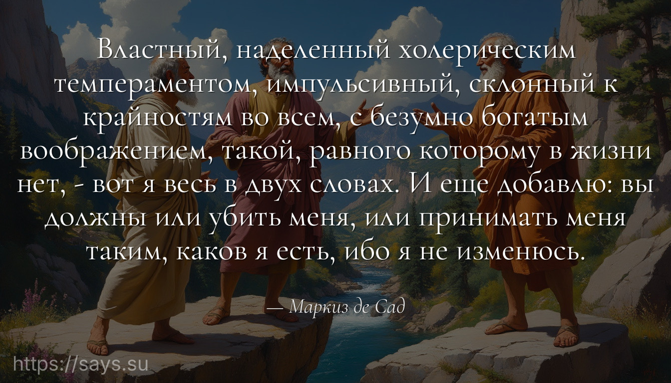 Властный, наделенный холерическим темпераментом, импульсивный, склонный к крайностям во всем, с безумно богатым воображением, такой, равного которому в жизни нет, - вот я весь в двух словах. И еще добавлю: вы должны или убить меня, или принимать меня таким, каков я есть, ибо я не изменюсь.