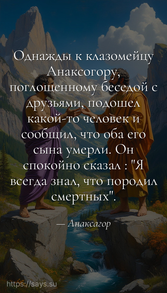Однажды к клазомейцу Анаксогору, поглощенному беседой с друзьями, подошел какой-то человек и сообщил, что оба его сына умерли. Он спокойно сказал : "Я всегда знал, что породил смертных".