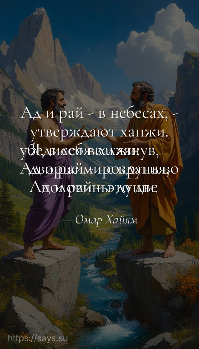 Ад и рай - в небесах, - утверждают ханжи.<br />Я, в себя заглянув, убедился во лжи:<br />Ад и рай - не круги во дворце мирозданья,<br />Ад и рай - это две половины души.