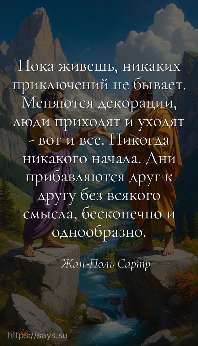 Пока живешь, никаких приключений не бывает. Меняются декорации, люди приходят и уходят - вот и все. Никогда никакого начала. Дни прибавляются друг к другу без всякого смысла, бесконечно и однообразно.