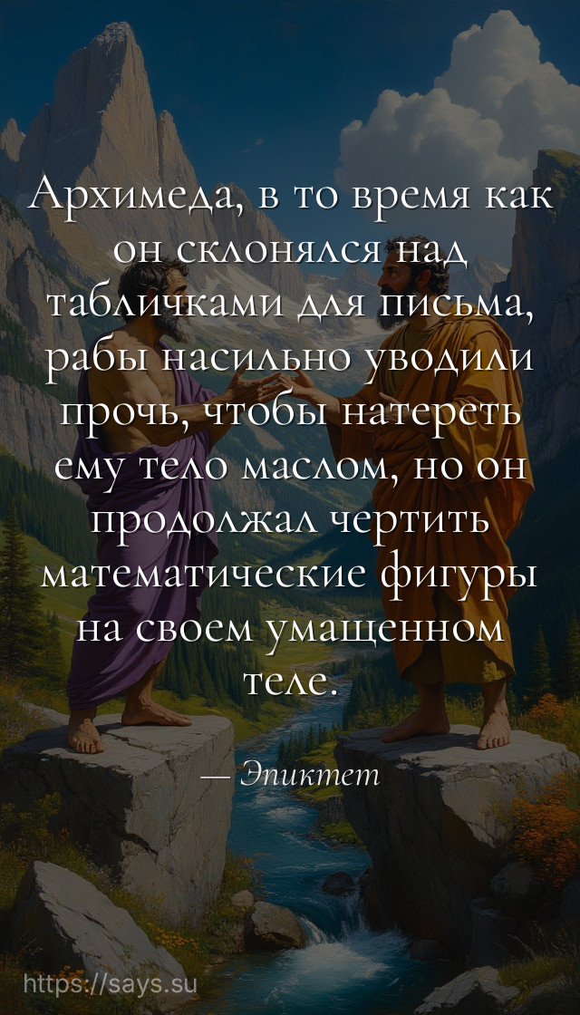 Архимеда, в то время как он склонялся над табличками для письма, рабы насильно уводили прочь, чтобы натереть ему тело маслом, но он продолжал чертить математические фигуры на своем умащенном теле.