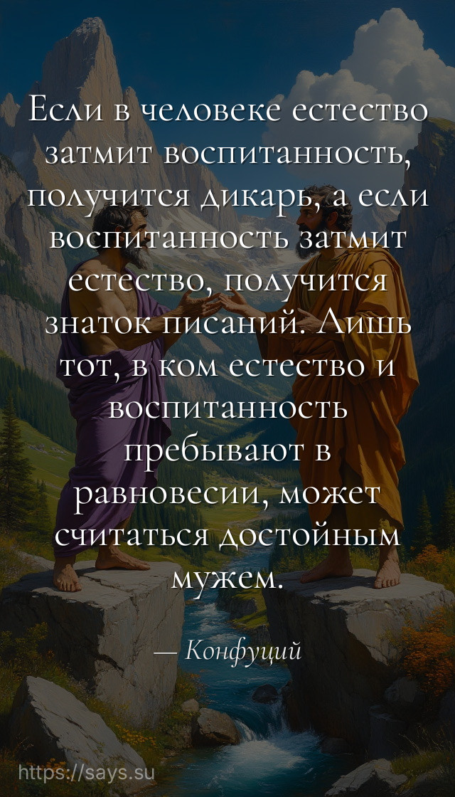 Если в человеке естество затмит воспитанность, получится дикарь, а если воспитанность затмит естество, получится знаток писаний. Лишь тот, в ком естество и воспитанность пребывают в равновесии, может считаться достойным мужем.