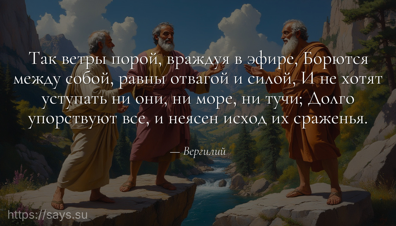 Так ветры порой, враждуя в эфире, Борются между собой, равны отвагой и силой, И не хотят уступать ни они, ни море, ни тучи; Долго упорствуют все, и неясен исход их сраженья.