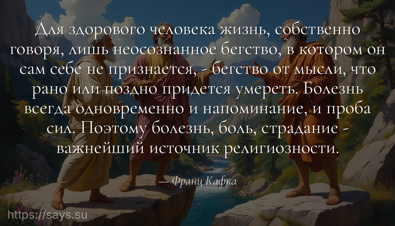 Для здорового человека жизнь, собственно говоря, лишь неосознанное бегство, в котором он сам себе не признается, - бегство от мысли, что рано или поздно придется умереть. Болезнь всегда одновременно и напоминание, и проба сил. Поэтому болезнь, боль, страдание - важнейший источник религиозности.