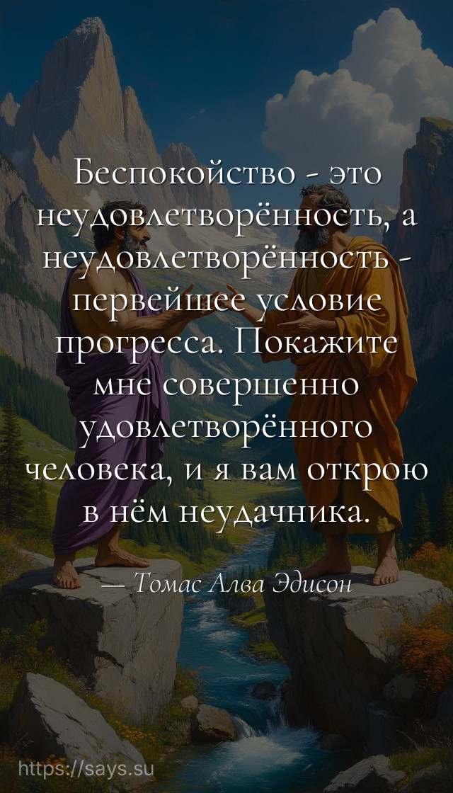 Беспокойство - это неудовлетворённость, а неудовлетворённость - первейшее условие прогресса. Покажите мне совершенно удовлетворённого человека, и я вам открою в нём неудачника.