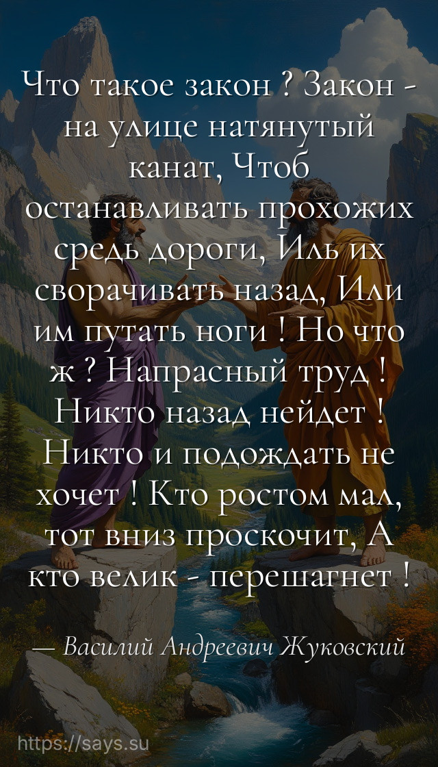 Что такое закон ? Закон - на улице натянутый канат, Чтоб останавливать прохожих средь дороги, Иль их сворачивать назад, Или им путать ноги ! Но что ж ? Напрасный труд ! Никто назад нейдет ! Никто и подождать не хочет ! Кто ростом мал, тот вниз проскочит, А кто велик - перешагнет !