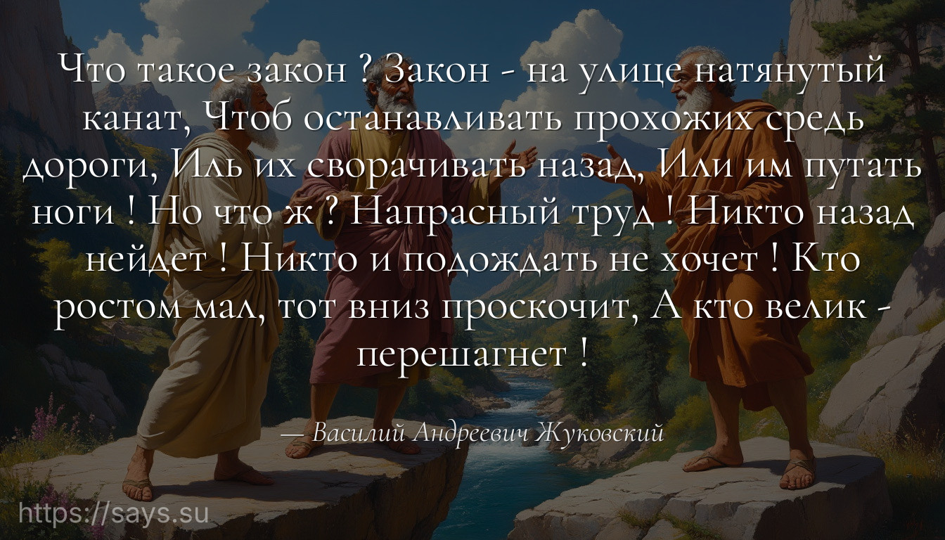 Что такое закон ? Закон - на улице натянутый канат, Чтоб останавливать прохожих средь дороги, Иль их сворачивать назад, Или им путать ноги ! Но что ж ? Напрасный труд ! Никто назад нейдет ! Никто и подождать не хочет ! Кто ростом мал, тот вниз проскочит, А кто велик - перешагнет !