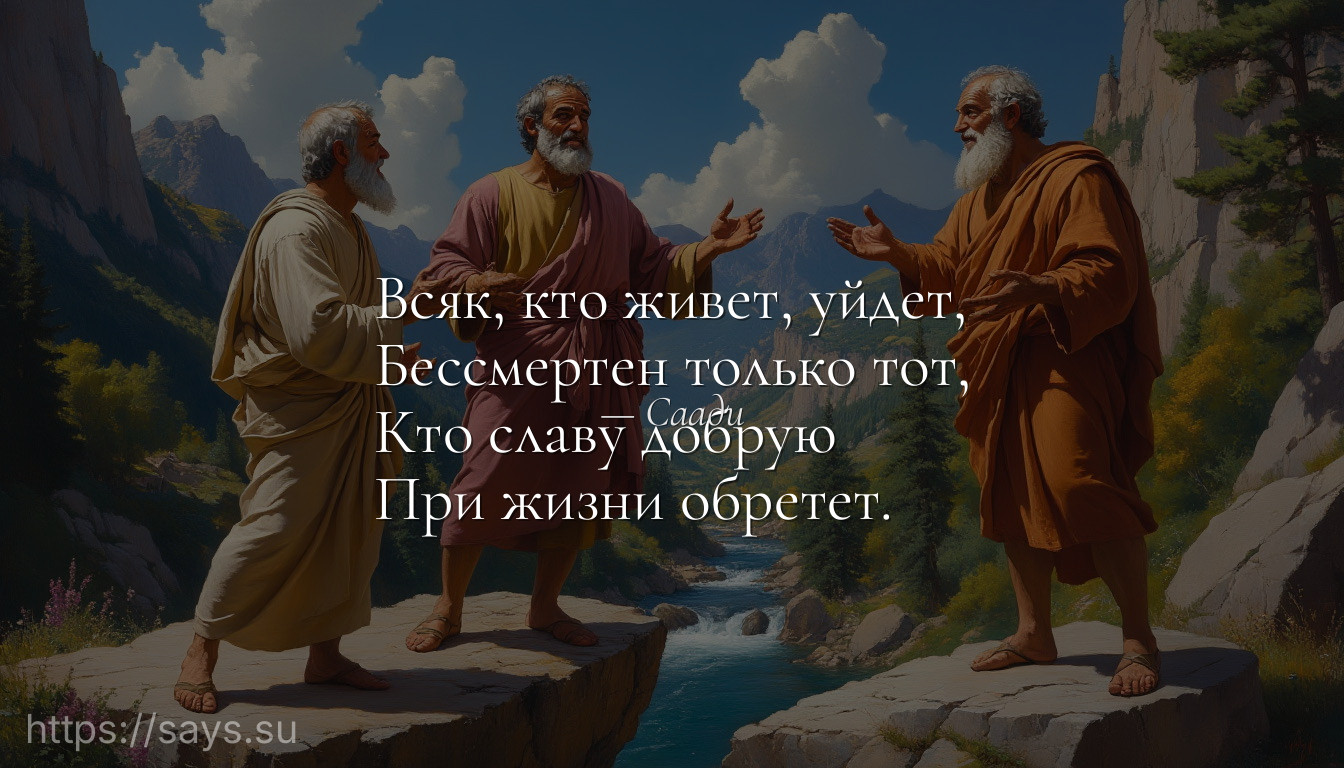 Всяк, кто живет, уйдет,<br />Бессмертен только тот,<br />Кто славу добрую<br />При жизни обретет.