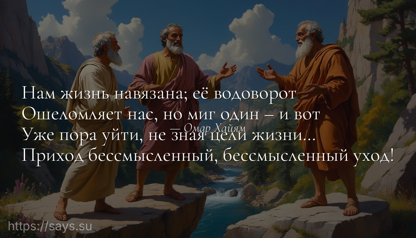 Нам жизнь навязана; её водоворот<br />Ошеломляет нас, но миг один – и вот<br />Уже пора уйти, не зная цели жизни…<br />Приход бессмысленный, бессмысленный уход!