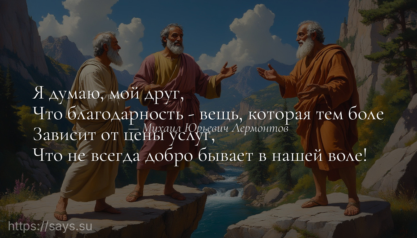 Я думаю, мой друг,<br />Что благодарность - вещь, которая тем боле<br />Зависит от цены услуг,<br />Что не всегда добро бывает в нашей воле!