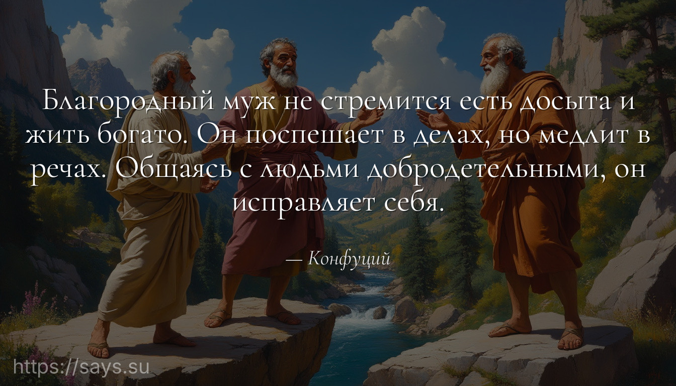 Благородный муж не стремится есть досыта и жить богато. Он поспешает в делах, но медлит в речах. Общаясь с людьми добродетельными, он исправляет себя.