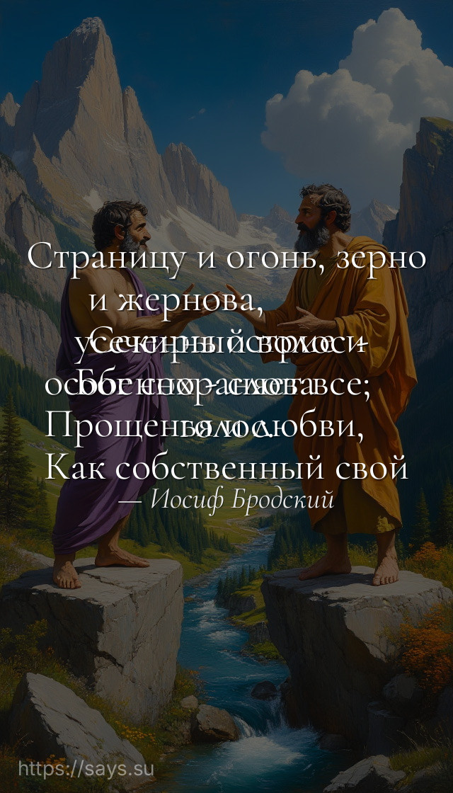 Страницу и огонь, зерно и жернова, <br />Секиры острие и усеченный волос - <br />Бог сохраняет все; особенно - слова <br />Прощенья и любви, <br />Как собственный свой голос.