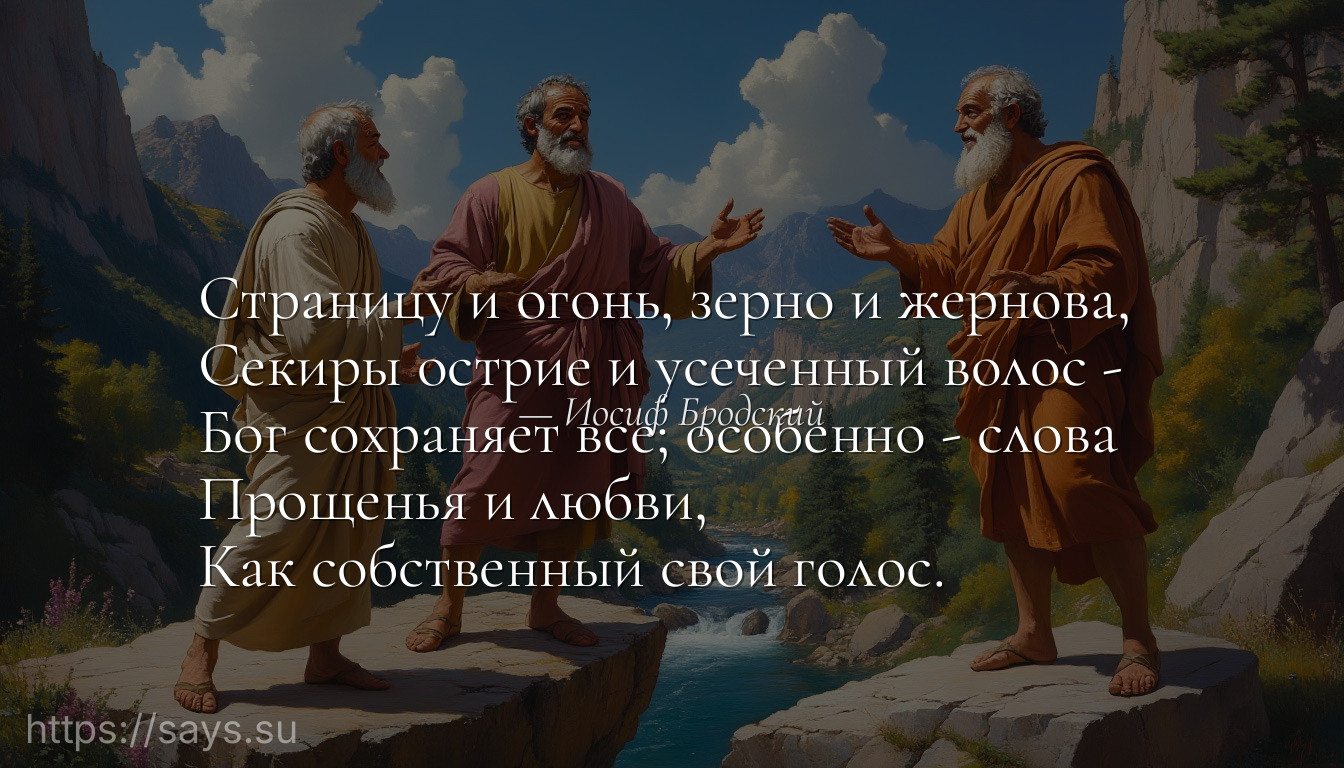 Страницу и огонь, зерно и жернова, <br />Секиры острие и усеченный волос - <br />Бог сохраняет все; особенно - слова <br />Прощенья и любви, <br />Как собственный свой голос.