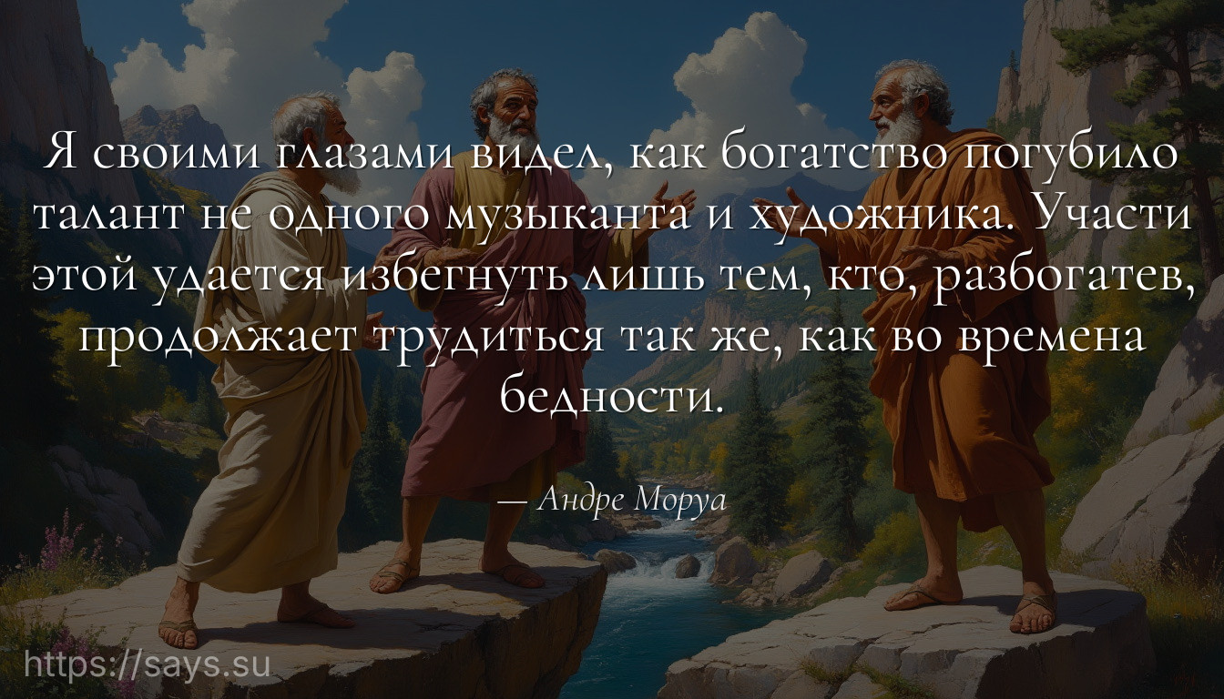 Я своими глазами видел, как богатство погубило талант не одного музыканта и художника. Участи этой удается избегнуть лишь тем, кто, разбогатев, продолжает трудиться так же, как во времена бедности.