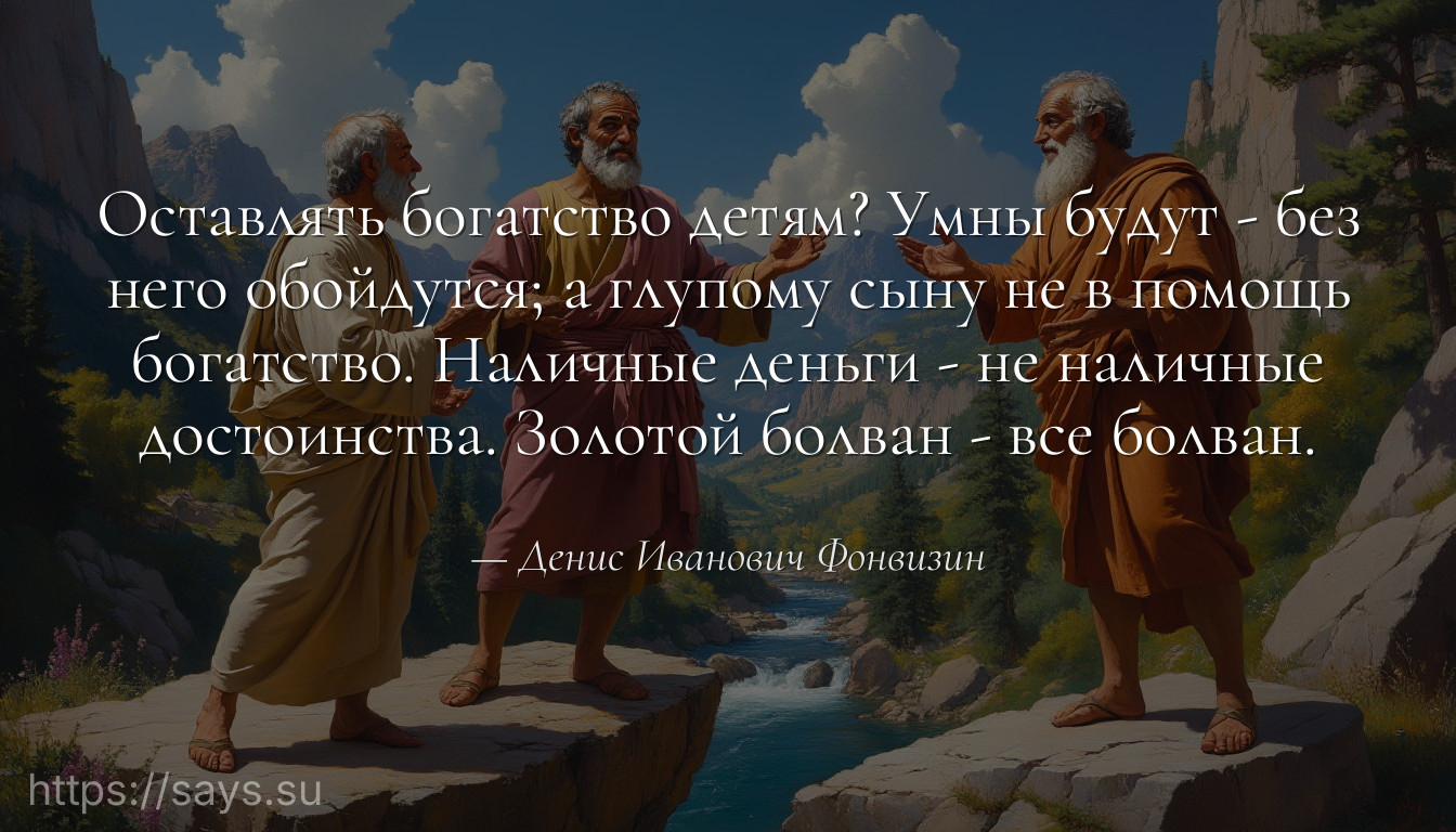 Оставлять богатство детям? Умны будут - без него обойдутся; а глупому сыну не в помощь богатство. Наличные деньги - не наличные достоинства. Золотой болван - все болван.