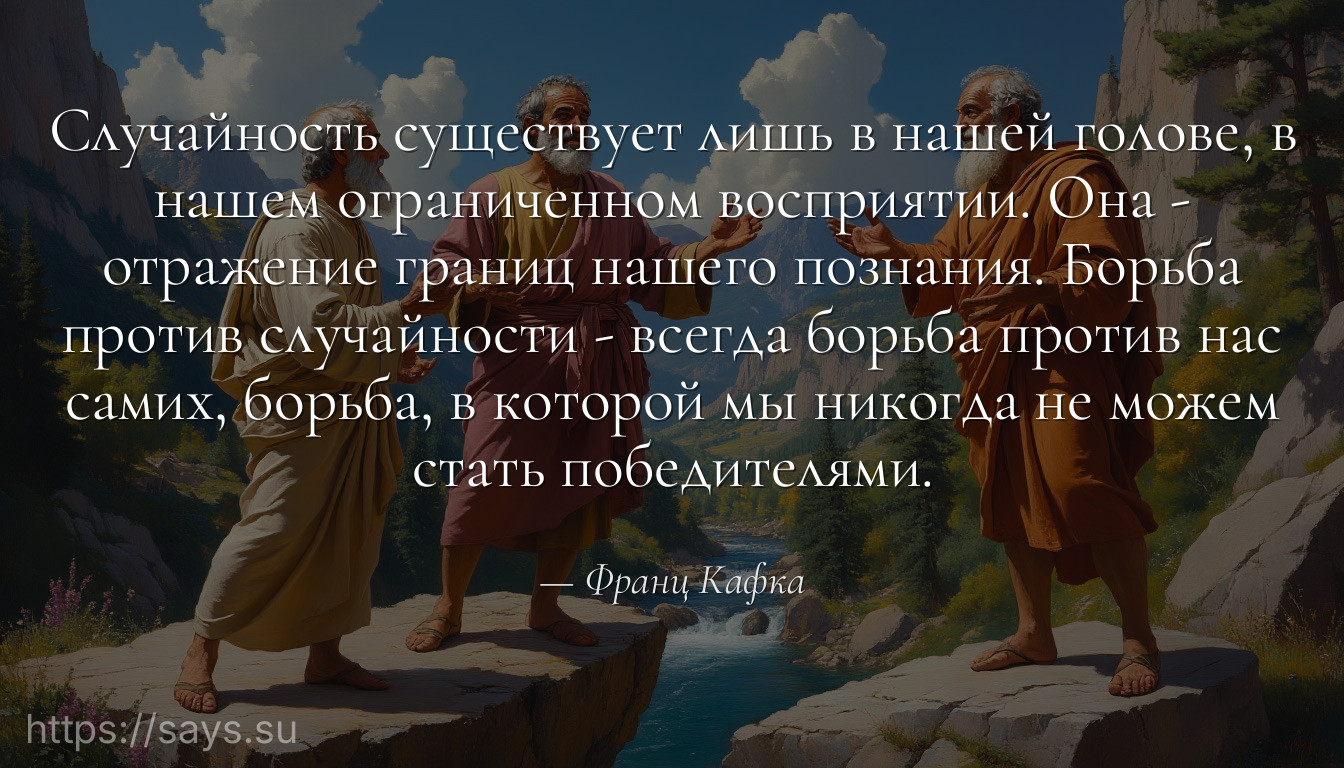 Случайность существует лишь в нашей голове, в нашем ограниченном восприятии. Она - отражение границ нашего познания. Борьба против случайности - всегда борьба против нас самих, борьба, в которой мы никогда не можем стать победителями.