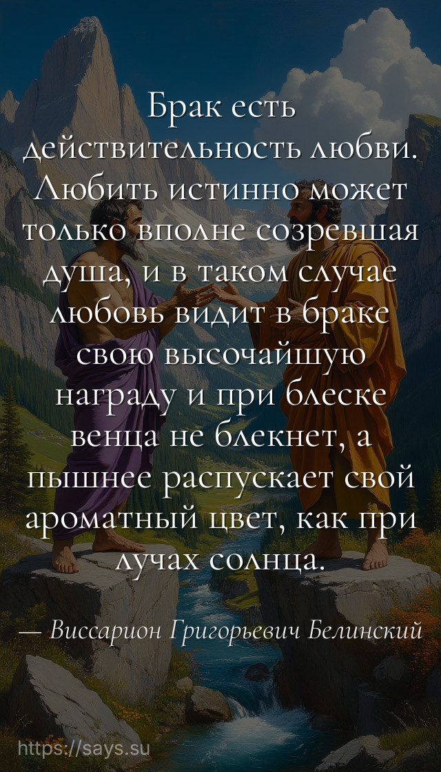 Брак есть действительность любви. Любить истинно может только вполне созревшая душа, и в таком случае любовь видит в браке свою высочайшую награду и при блеске венца не блекнет, а пышнее распускает свой ароматный цвет, как при лучах солнца.