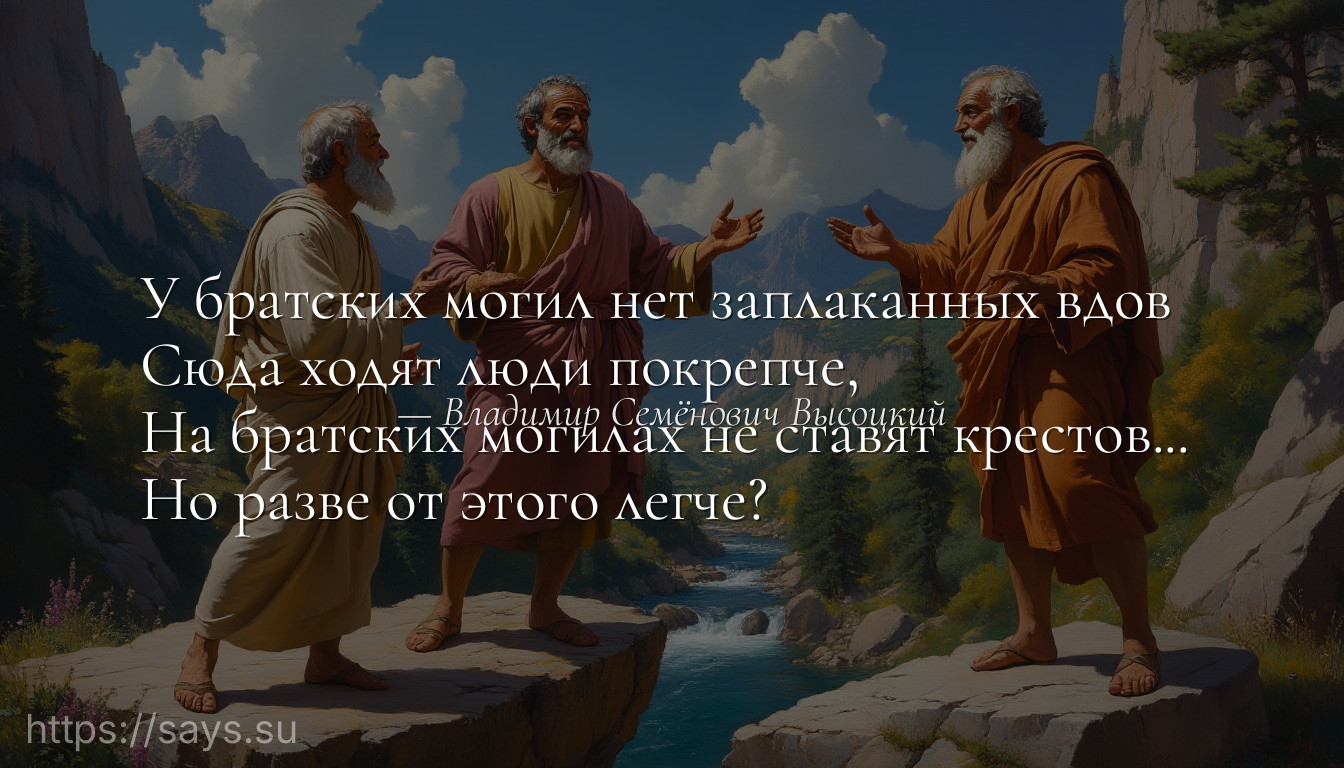 У братских могил нет заплаканных вдов <br />Сюда ходят люди покрепче, <br />На братских могилах не ставят крестов... <br />Но разве от этого легче?