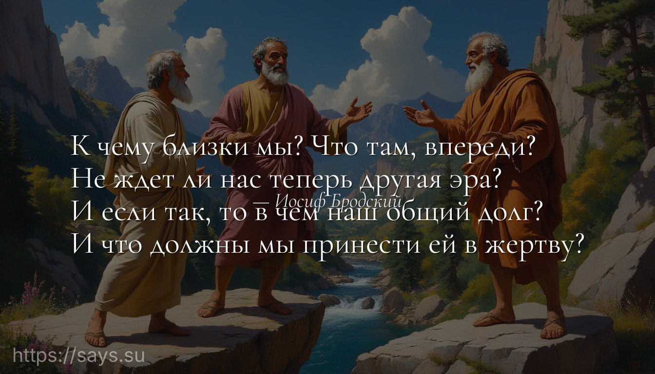 К чему близки мы? Что там, впереди? <br />Не ждет ли нас теперь другая эра? <br />И если так, то в чем наш общий долг? <br />И что должны мы принести ей в жертву?