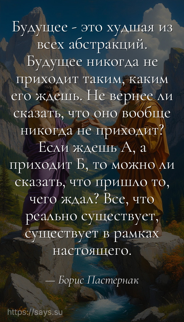 Будущее - это худшая из всех абстракций. Будущее никогда не приходит таким, каким его ждешь. Не вернее ли сказать, что оно вообще никогда не приходит? Если ждешь А, а приходит Б, то можно ли сказать, что пришло то, чего ждал? Все, что реально существует, существует в рамках настоящего.