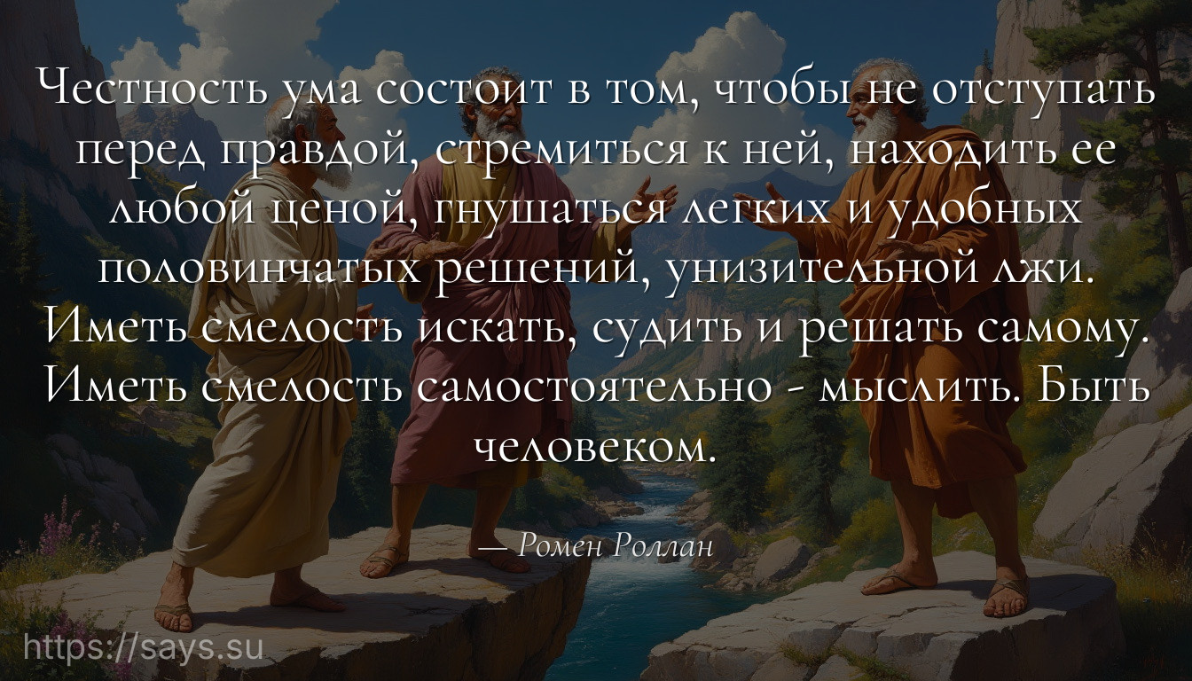 Честность ума состоит в том, чтобы не отступать перед правдой, стремиться к ней, находить ее любой ценой, гнушаться легких и удобных половинчатых решений, унизительной лжи. Иметь смелость искать, судить и решать самому. Иметь смелость самостоятельно - мыслить. Быть человеком.