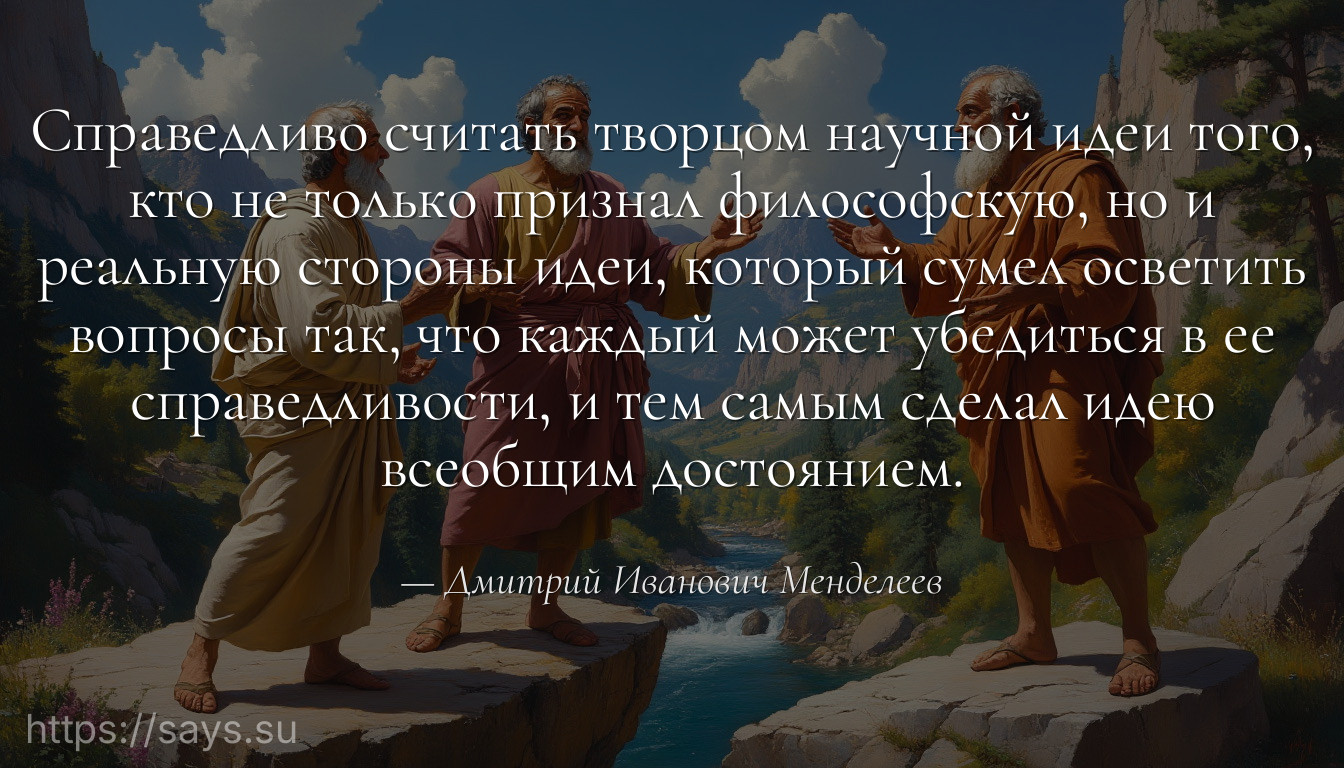 Справедливо считать творцом научной идеи того, кто не только признал философскую, но и реальную стороны идеи, который сумел осветить вопросы так, что каждый может убедиться в ее справедливости, и тем самым сделал идею всеобщим достоянием.