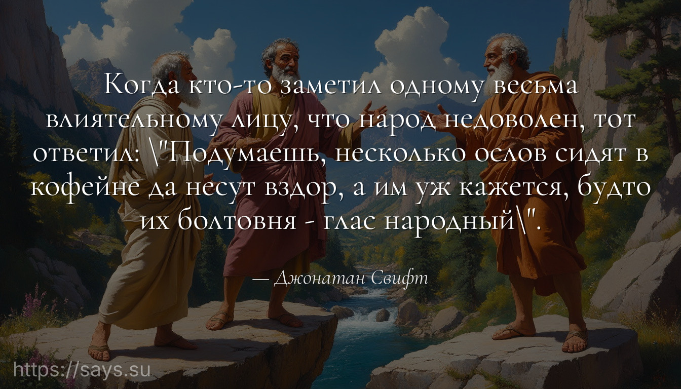 Когда кто-то заметил одному весьма влиятельному лицу, что народ недоволен, тот ответил: \Подумаешь, несколько ослов сидят в кофейне да несут вздор, а им уж кажется, будто их болтовня - глас народный\.