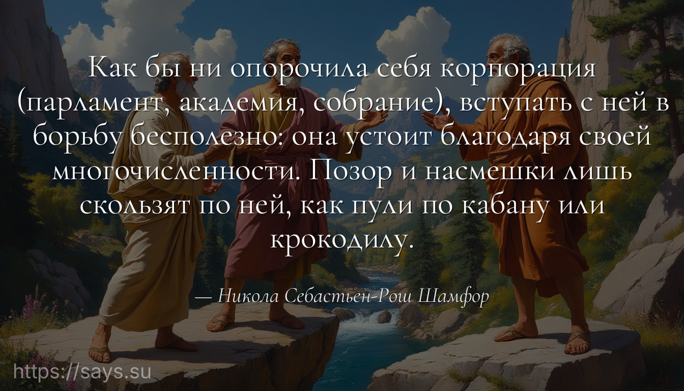 Как бы ни опорочила себя корпорация (парламент, академия, собрание), вступать с ней в борьбу бесполезно: она устоит благодаря своей многочисленности. Позор и насмешки лишь скользят по ней, как пули по кабану или крокодилу.