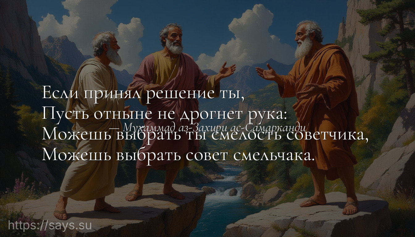 Если принял решение ты, <br />Пусть отныне не дрогнет рука:<br />Можешь выбрать ты смелость советчика, <br />Можешь выбрать совет смельчака.