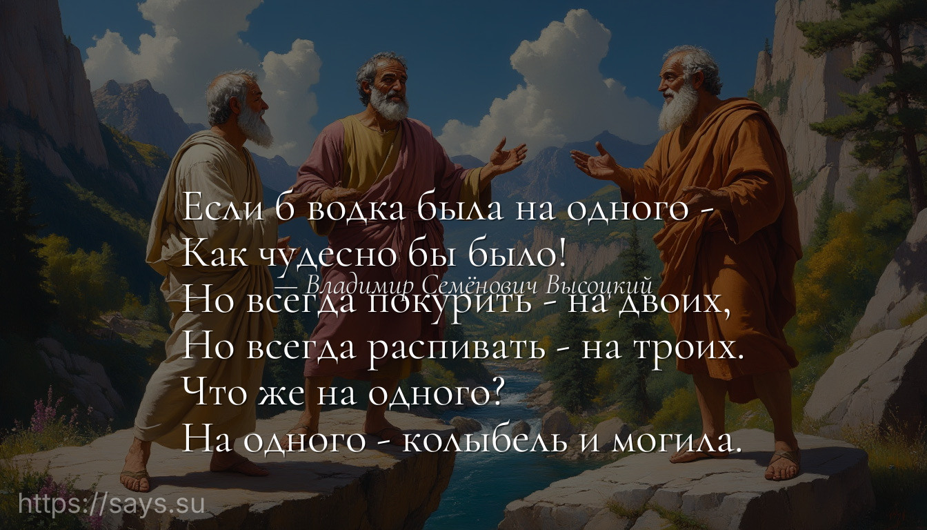 Если б водка была на одного -<br />Как чудесно бы было!<br />Но всегда покурить - на двоих,<br />Но всегда распивать - на троих.<br />Что же на одного?<br />На одного - колыбель и могила.