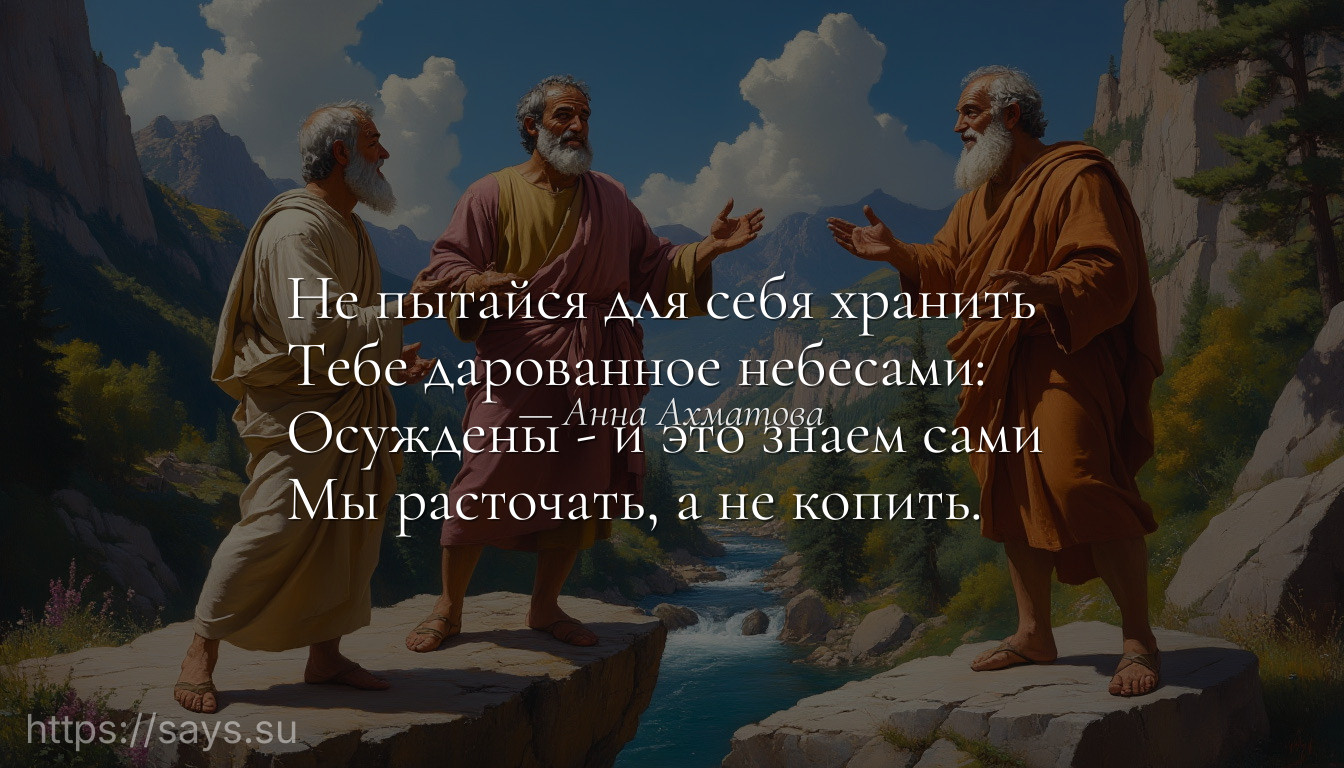 Не пытайся для себя хранить <br />Тебе дарованное небесами: <br />Осуждены - и это знаем сами <br />Мы расточать, а не копить.