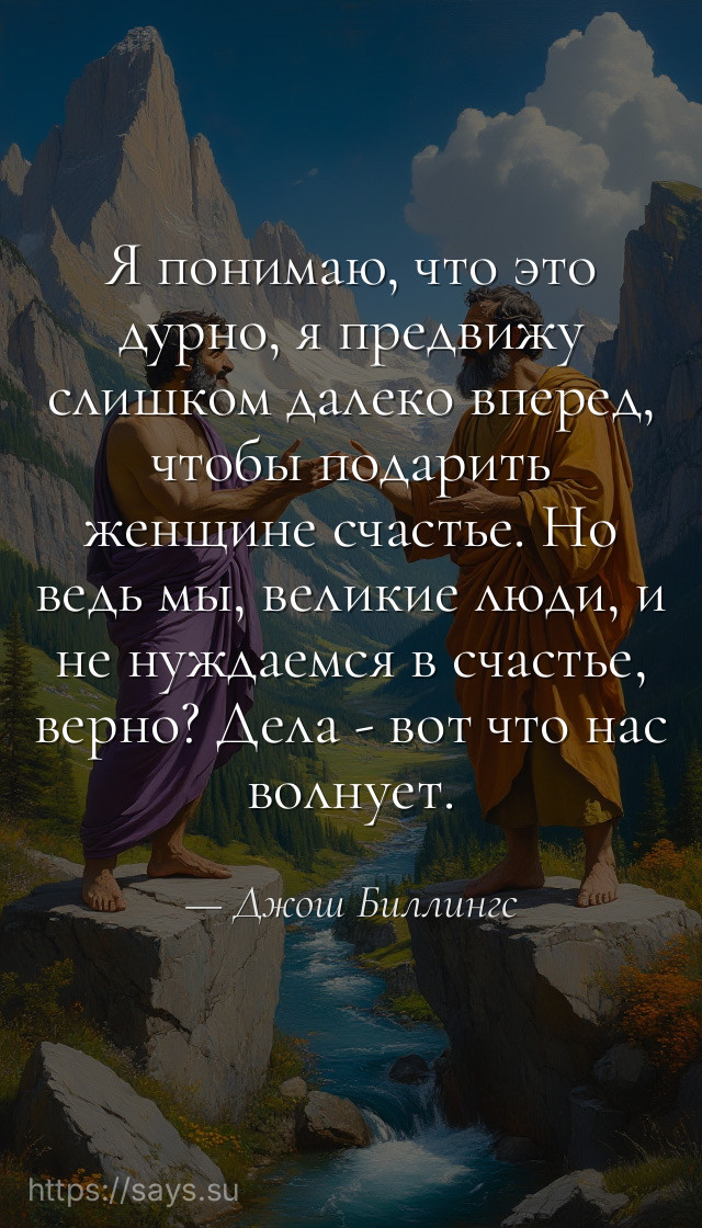 Я понимаю, что это дурно, я предвижу слишком далеко вперед, чтобы подарить женщине счастье. Но ведь мы, великие люди, и не нуждаемся в счастье, верно? Дела - вот что нас волнует.