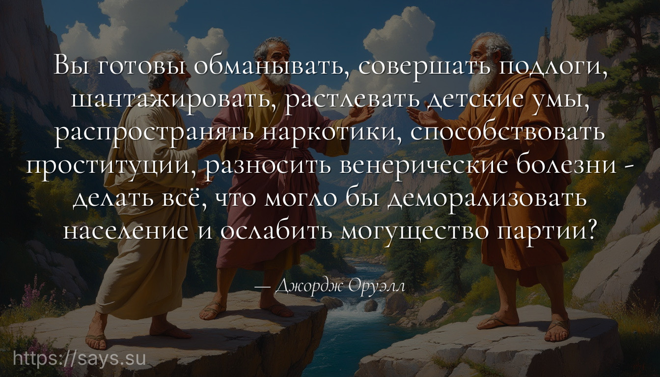 Вы готовы обманывать, совершать подлоги, шантажировать, растлевать детские умы, распространять наркотики, способствовать проституции, разносить венерические болезни - делать всё, что могло бы деморализовать население и ослабить могущество партии?
