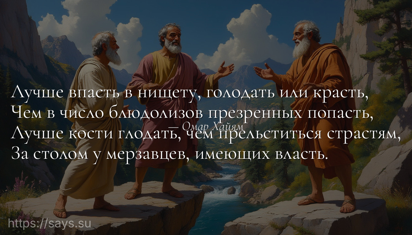 Лучше впасть в нищету, голодать или красть,<br />Чем в число блюдолизов презренных попасть,<br />Лучше кости глодать, чем прельститься страстям,<br />За столом у мерзавцев, имеющих власть.