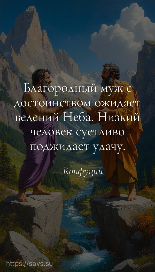 Благородный муж с достоинством ожидает велений Неба. Низкий человек суетливо поджидает удачу.