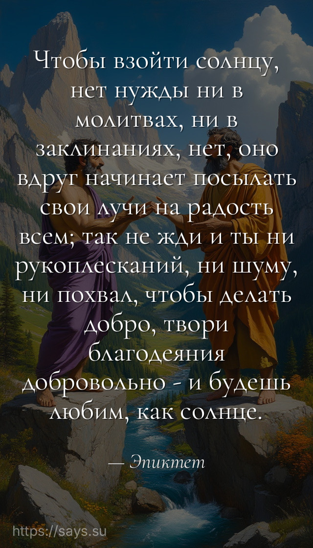 Чтобы взойти солнцу, нет нужды ни в молитвах, ни в заклинаниях, нет, оно вдруг начинает посылать свои лучи на радость всем; так не жди и ты ни рукоплесканий, ни шуму, ни похвал, чтобы делать добро, твори благодеяния добровольно - и будешь любим, как солнце.