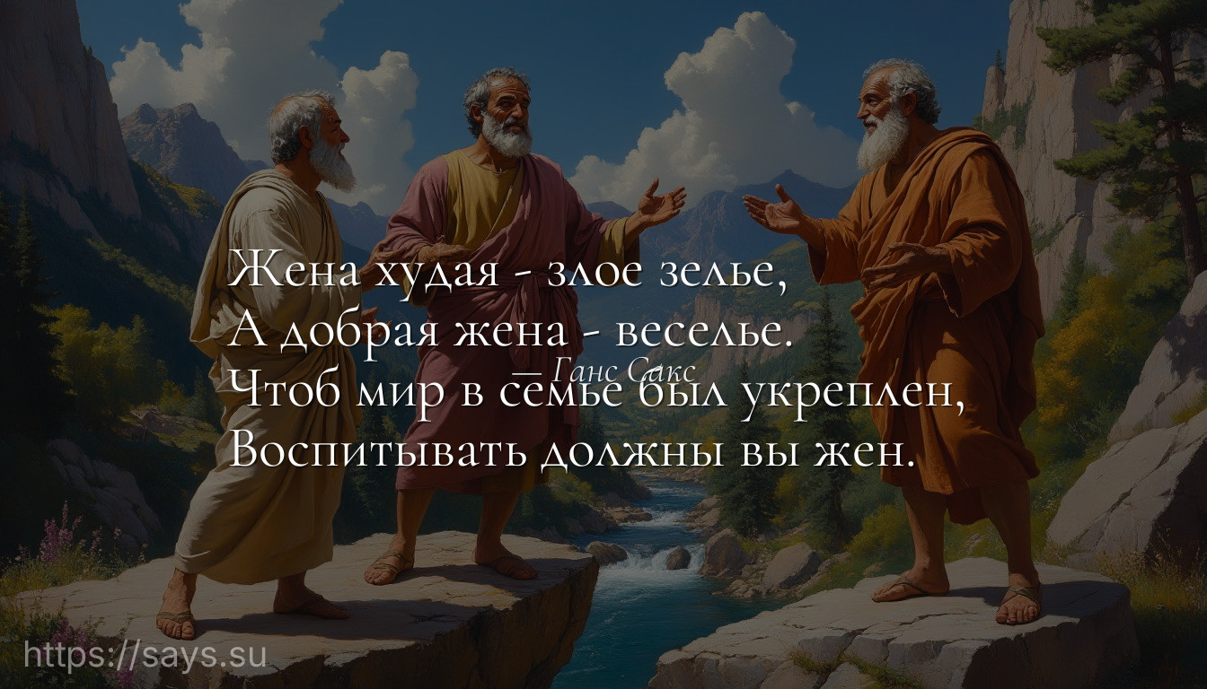 Жена худая - злое зелье, <br />А добрая жена - веселье.<br />Чтоб мир в семье был укреплен, <br />Воспитывать должны вы жен.