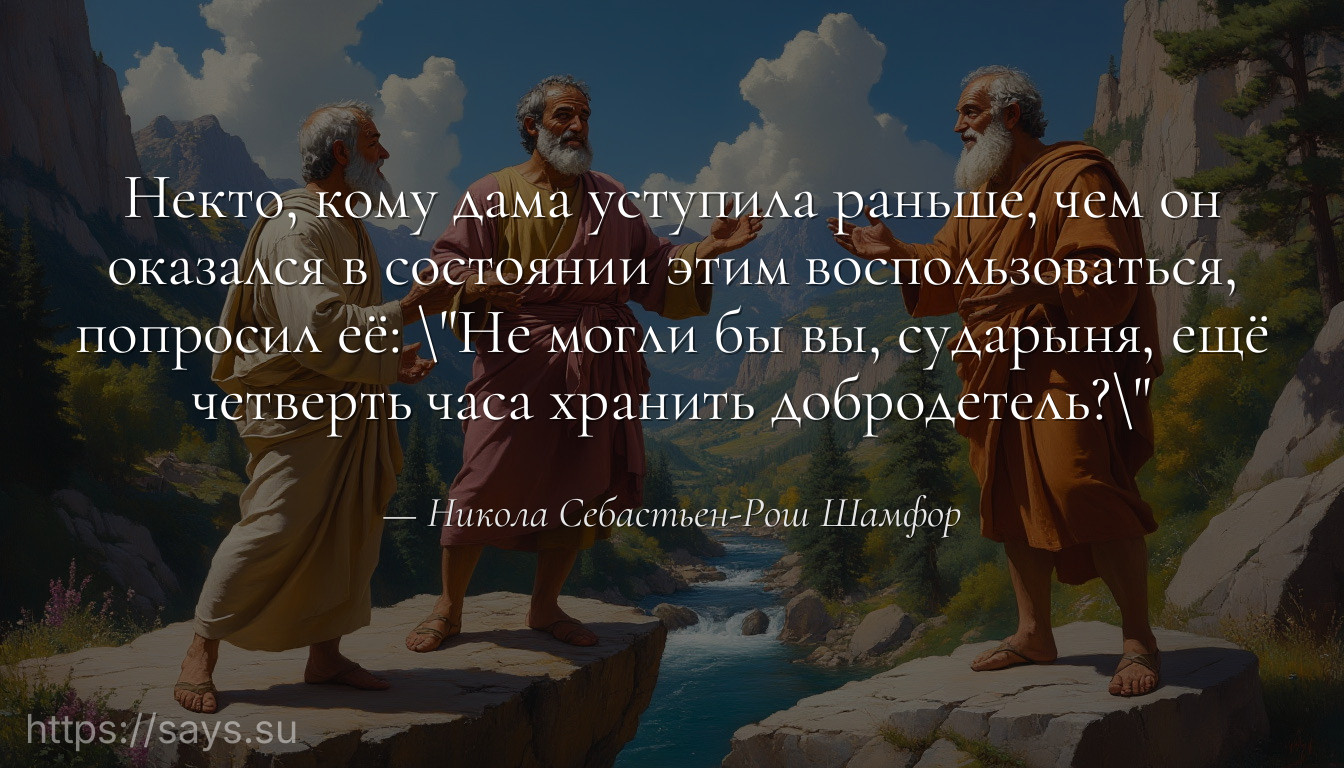 Некто, кому дама уступила раньше, чем он оказался в состоянии этим воспользоваться, попросил её: \Не могли бы вы, сударыня, ещё четверть часа хранить добродетель?\
