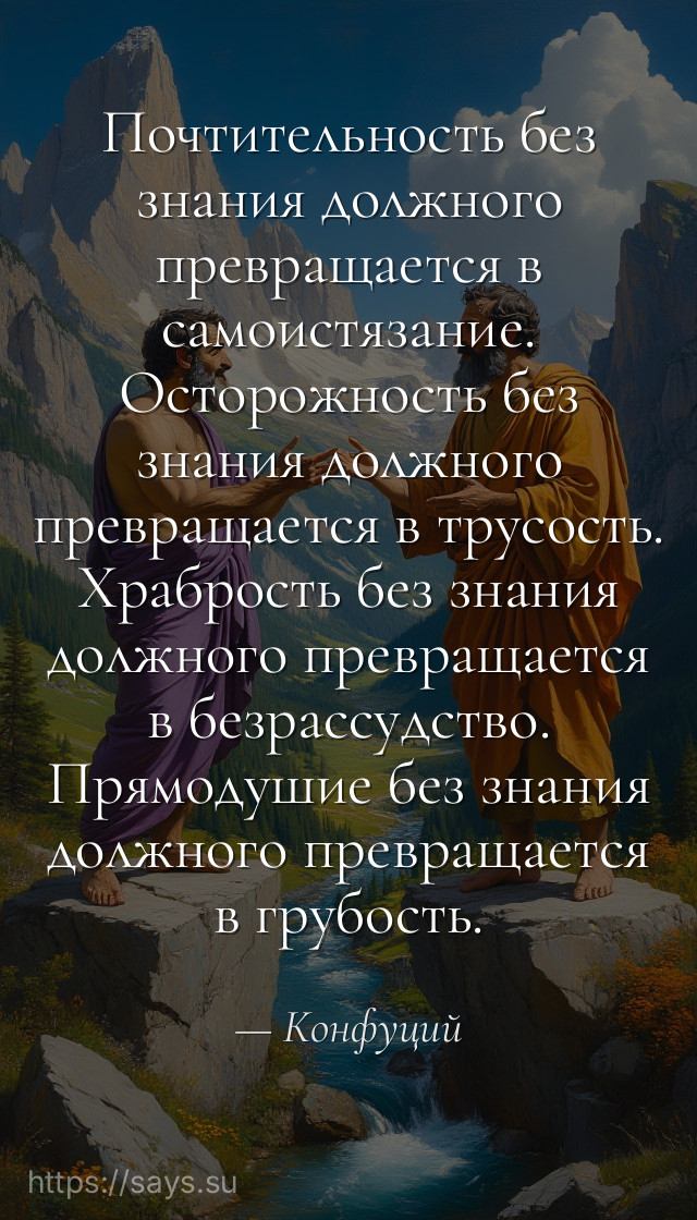 Почтительность без знания должного превращается в самоистязание. Осторожность без знания должного превращается в трусость. Храбрость без знания должного превращается в безрассудство. Прямодушие без знания должного превращается в грубость.