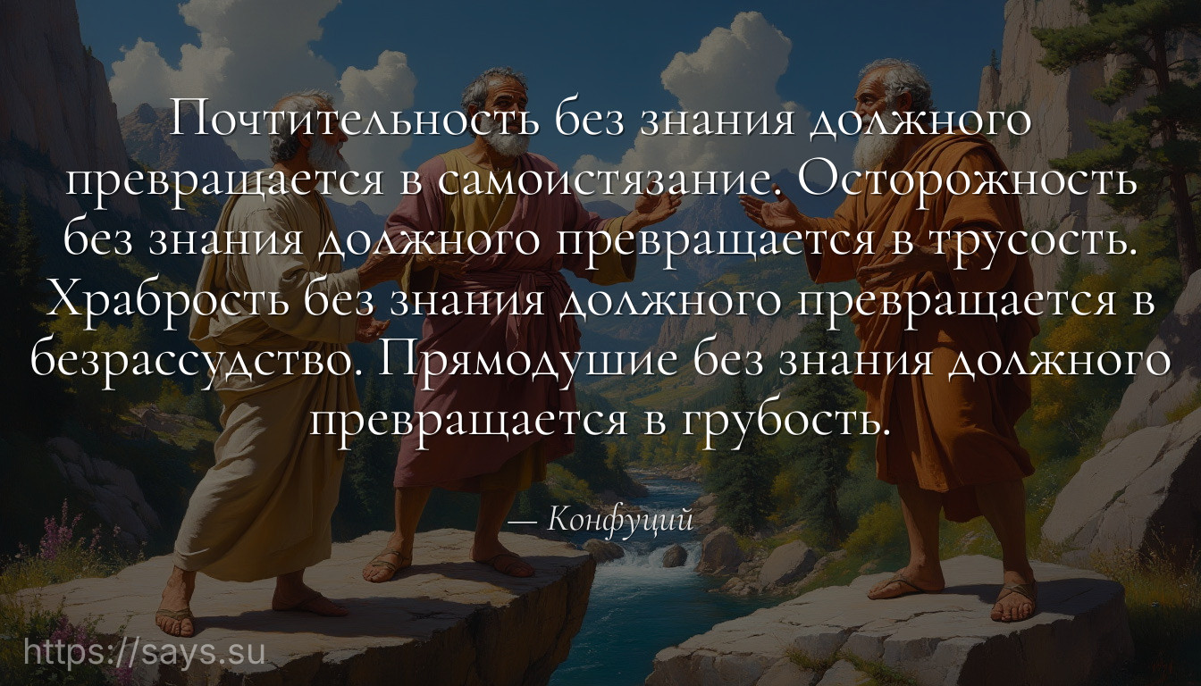 Почтительность без знания должного превращается в самоистязание. Осторожность без знания должного превращается в трусость. Храбрость без знания должного превращается в безрассудство. Прямодушие без знания должного превращается в грубость.