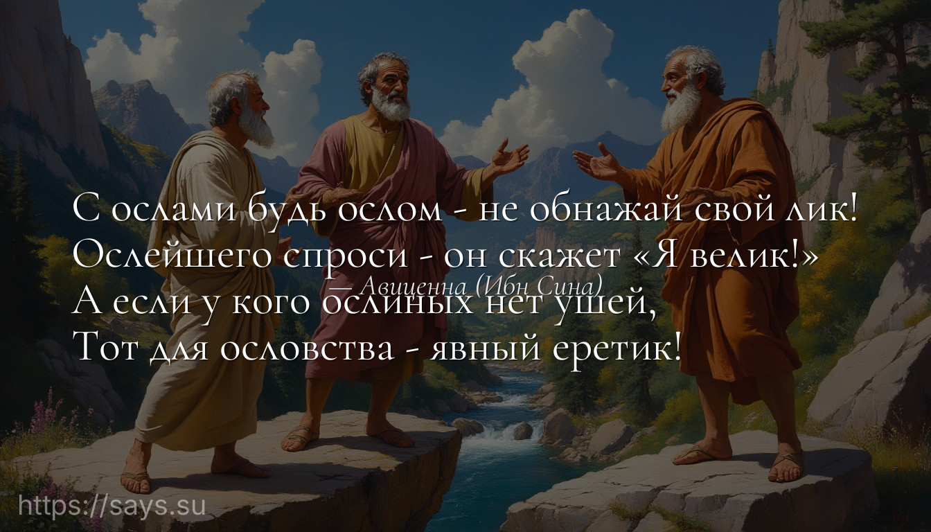 С ослами будь ослом - не обнажай свой лик!<br />Ослейшего спроси - он скажет «Я велик!»<br />А если у кого ослиных нет ушей,<br />Тот для ословства - явный еретик!