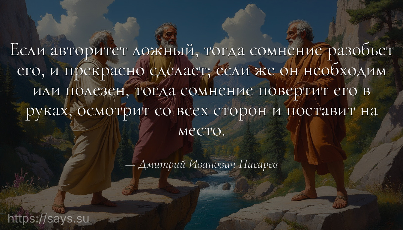 Если авторитет ложный, тогда сомнение разобьет его, и прекрасно сделает; если же он необходим или полезен, тогда сомнение повертит его в руках, осмотрит со всех сторон и поставит на место.