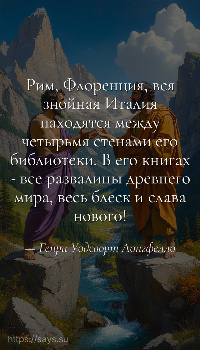 Рим, Флоренция, вся знойная Италия находятся между четырьмя стенами его библиотеки. В его книгах - все развалины древнего мира, весь блеск и слава нового!