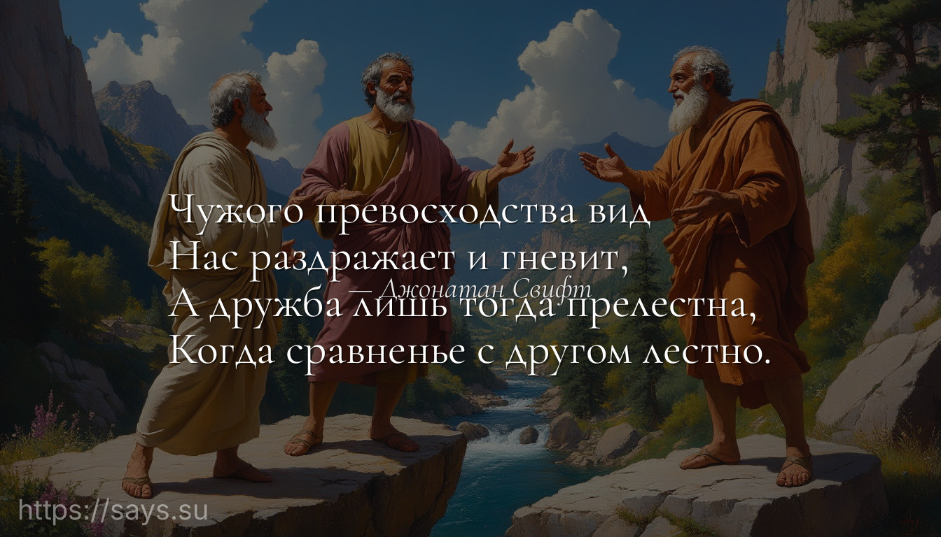 Чужого превосходства вид <br />Нас раздражает и гневит, <br />А дружба лишь тогда прелестна, <br />Когда сравненье с другом лестно.