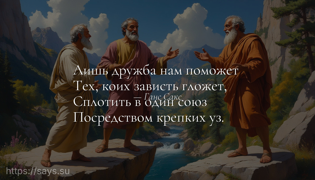 Лишь дружба нам поможет <br />Тех, коих зависть гложет, <br />Сплотить в один союз <br />Посредством крепких уз.
