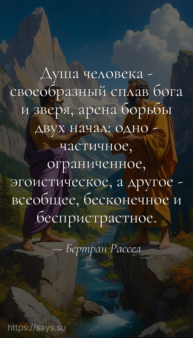 Душа человека - своеобразный сплав бога и зверя, арена борьбы двух начал: одно - частичное, ограниченное, эгоистическое, а другое - всеобщее, бесконечное и беспристрастное.