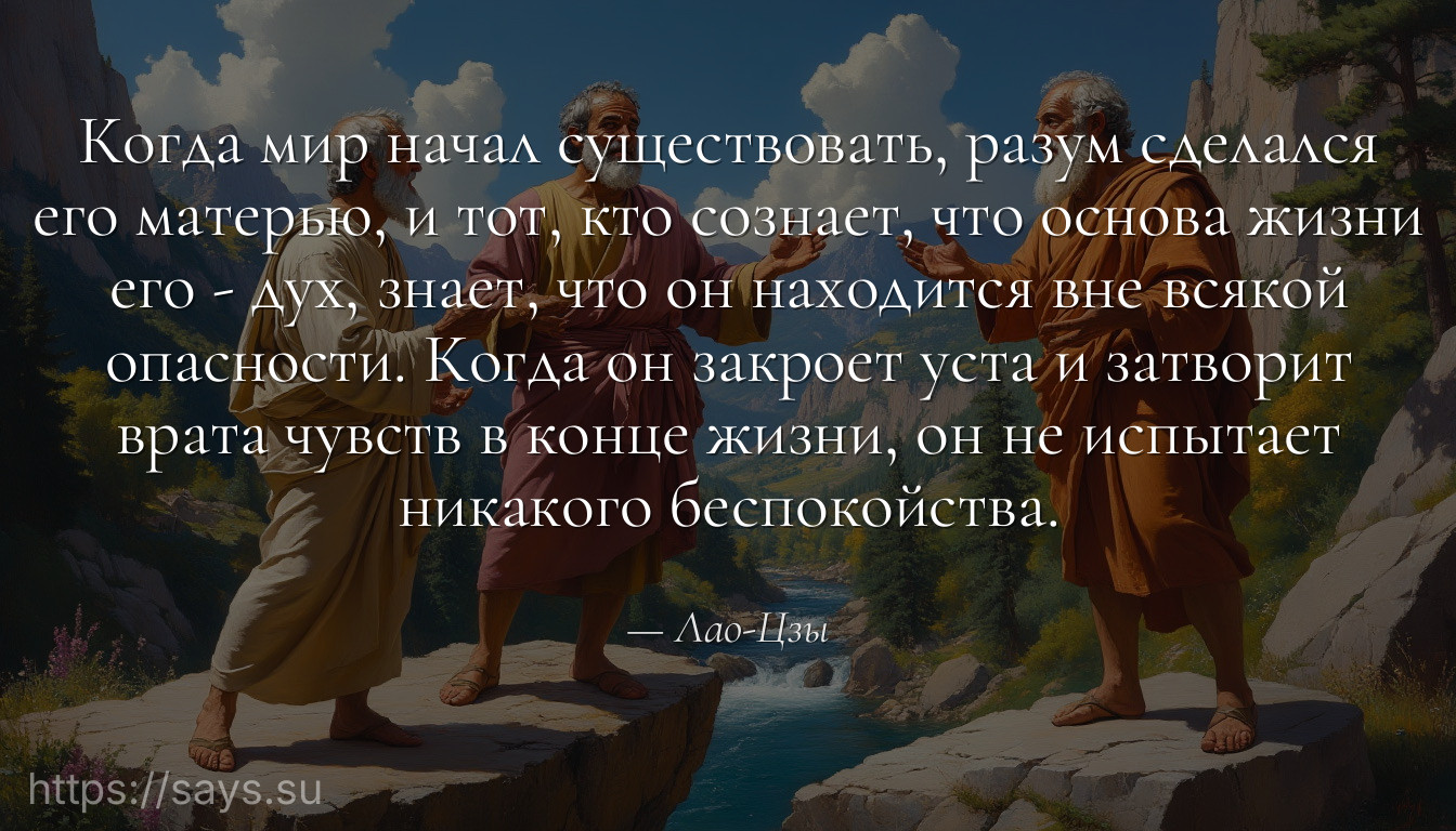 Когда мир начал существовать, разум сделался его матерью, и тот, кто сознает, что основа жизни его - дух, знает, что он находится вне всякой опасности. Когда он закроет уста и затворит врата чувств в конце жизни, он не испытает никакого беспокойства.