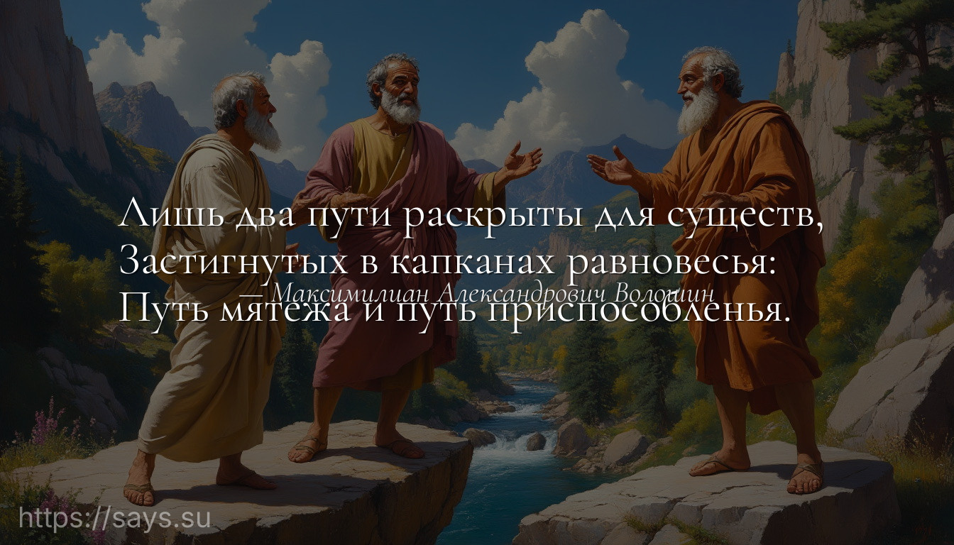 Лишь два пути раскрыты для существ, <br />Застигнутых в капканах равновесья: <br />Путь мятежа и путь приспособленья.
