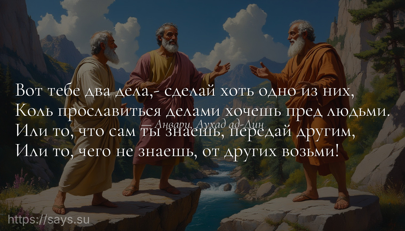 Вот тебе два дела,- сделай хоть одно из них, <br />Коль прославиться делами хочешь пред людьми.<br />Или то, что сам ты знаешь, передай другим, <br />Или то, чего не знаешь, от других возьми!