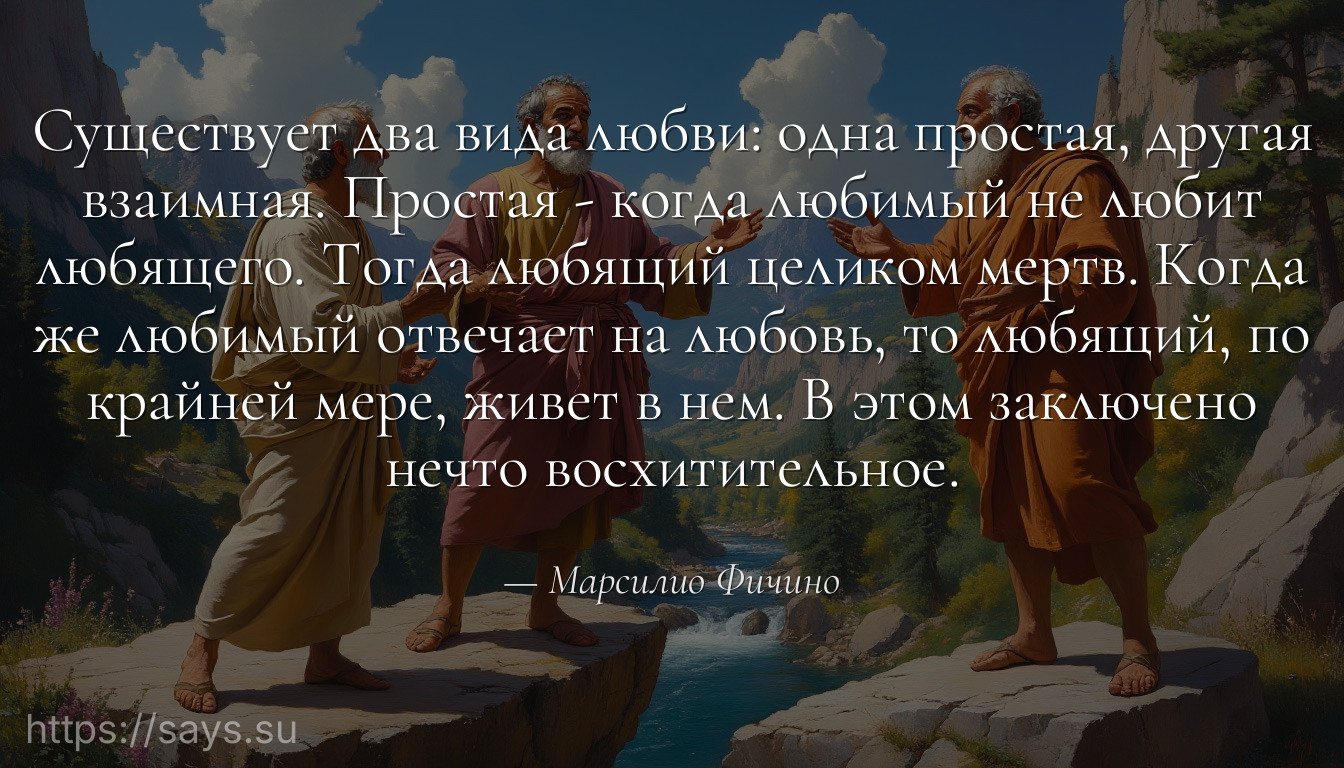 Существует два вида любви: одна простая, другая взаимная. Простая - когда любимый не любит любящего. Тогда любящий целиком мертв. Когда же любимый отвечает на любовь, то любящий, по крайней мере, живет в нем. В этом заключено нечто восхитительное.